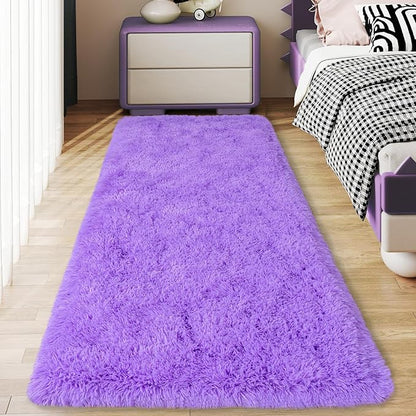 Ultra Soft Runner Rugs for Bedroom Hallways with Upgraded Non-Slip Rubber Backing & Thick Memory Sponge, 2 Packs 2x6 Feet Fluffy Shag Throw Area Rug for Bedside Dorm Light Purple