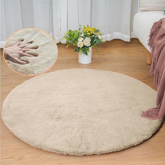 ORINOVA Camel Plush Shag Faux Rabbit Washable Fuzzy Fur Rugs for Living Room Bedroom Kids Circle Small Nursery Area Rug Round Rug 3ft