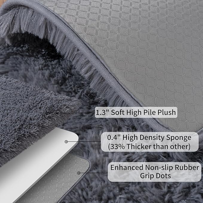 Ultra Soft Runner Rugs for Bedroom Hallways with Upgraded Non-Slip Rubber Backing & Thick Memory Sponge, 2x3 Feet Fluffy Shag Throw Area Rug for Bedside Dorm Dark Grey