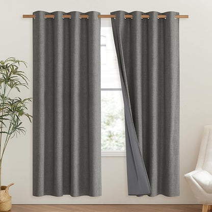 NICETOWN Grizzle Gray Vintage Linen 100% Blackout Curtains for Living Room, Thermal Insulated Curtains 72" Long, Noise Reducing Window Treatment Drapes for Hall Room, 52" Wide Per Panel, Set of 2