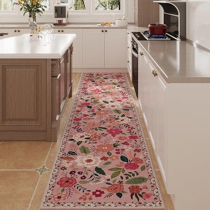 Rugcomf Runners for Hallways Kitchen Runner Rug Non Slip 2'x 10' Long Washable Rugs with Rubber Backing Soft Floral Carpet Runner for Hallways, Kitchen, Laundry, Bedroom, Bathroom(Pink)