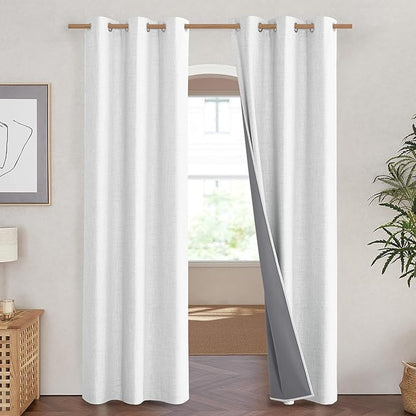 NICETOWN 100% Absolutely Blackout Linen Curtains with Thermal Insulated Liner, Greyish White, 42" Wide, 84" Length Energy Saving Curtains for Living Room 2 Panels Set, Vertical Blinds