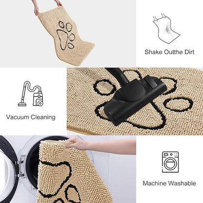 Smiry Dog Door Mat for Muddy Paws, Absorbent Dirt Trapper Non Slip Quick Dry Washable Chenille Mat for Mud Dogs, Entry Rug for Indoor and Outdoor (30x20 Inches, Beige and Black)