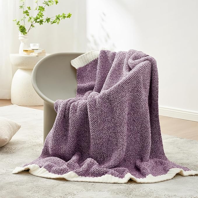 Snuggle Sac Super Soft Purple Blanket Reversible Twin Size for Bed and Sofa, Warm Cozy Knit Blankets Fuzzy Plush, Heather Purple, 60x80 inches