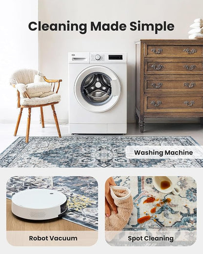 AMADA HOMEFURNISHING 2'6"x10' Washable Area Rug, Low-Profile Entryway Rug with Non-Slip Backing & Durable Edge Binding, Vintage Rug Pattern, Small Rugs for Entryway, Kitchen & Living Room