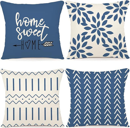 YCOLL Pillow Covers 16x16 Set of 4, Modern Sofa Throw Pillow Cover, Decorative Outdoor Linen Fabric Pillow Case for Couch Bed Car，Light Blue
