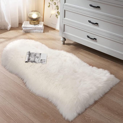 Small Faux Fur Rug 2x4 ft Ultra Soft Sheepskin Rugs Chair Sofa Cover Seat Pad, White Fluffy Shag Rug for Bedroom Nursery Kids Room, Luxury Shaggy Rug Fuzzy Plush Floor Carpets
