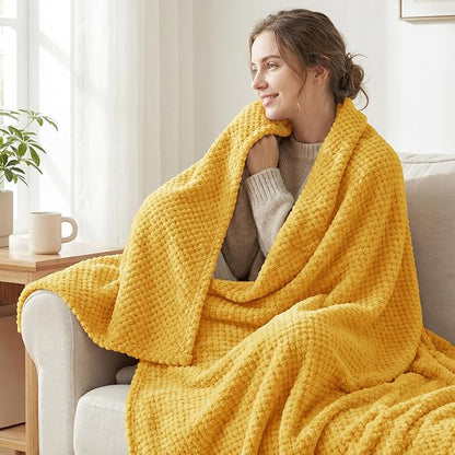 Exclusivo Mezcla Fleece Throw Blanket Extra Large, Super Soft and Warm Blankets for Couch, Sofa and Bed Waffle Textured, Cozy, Fuzzy and Lightweight (Mustard Yellow, 50x70 Inches)