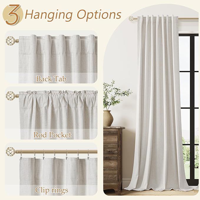 Guken Light Beige 100% Blackout Curtains 112 Inch Length 2 Panels Set Neutral Linen Farmhouse for Bedroom Back Tab Thermal Insulated Black Out Drapes Room Darkening Window Curtain 112 Inches Long