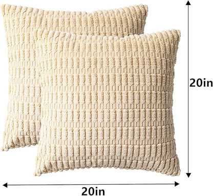 Pack of 2 Corduroy Decorative Throw Pillow Covers 20x20 InchSoft Boho Striped Pillow Covers Modern Farmhouse Home Decor for Sofa Living Room Couch Bed（Beige）