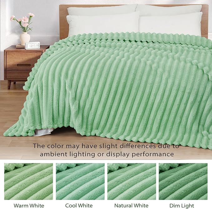 Exclusivo Mezcla King Size Flannel Fleece Blanket, Super Soft Striped Jacquard Bed Blanket, Lightweight Fuzzy Cozy for All Seasons, 90x104 Inches, Sage Green