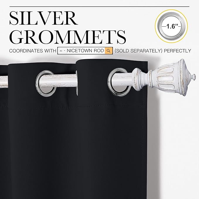 NICETOWN Bathroom Blackout Curtains and Drapes, Black Solid Thermal Insulated Grommet Blackout Drapery Panels for Window (2 Panels, 42 inches Wide by 40 inches Long, Black)