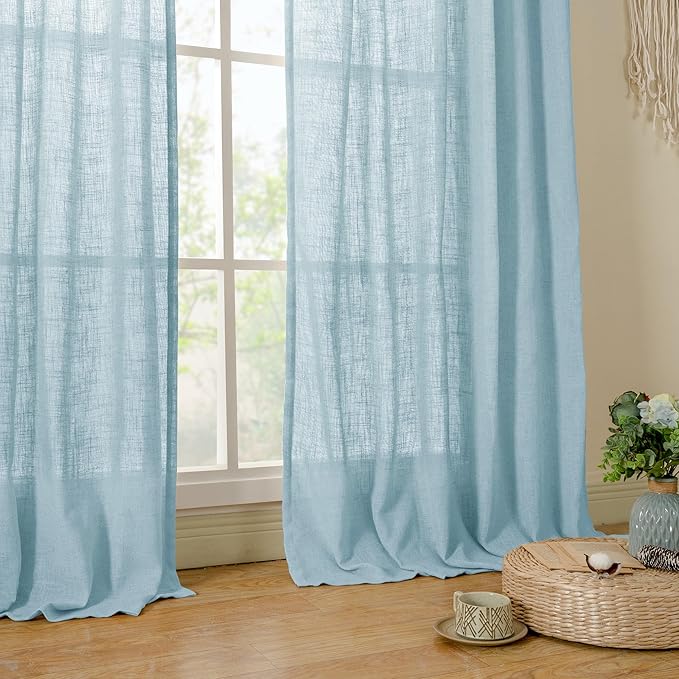 LAMIT Sheer Linen Curtains 63 Inch for Bedroom, Light Filtering Country Decor Semi Sheer Farmhouse Boho Curtains Back Tab and Rod Pocket Living Room Panels, Stone Blue, 2 Panels, 52 x 63 Inch