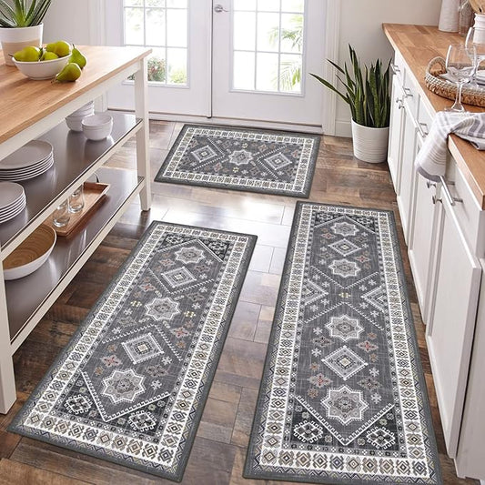 HEBE Boho Kitchen Rug Sets 3 Piece with Runner Non Slip Kitchen Rugs and Mats Washable Kitchen Mats for Floor Thick Kitchen Floor Mat Carpet Runner Rugs for Hallway Laundry Holiday Decor