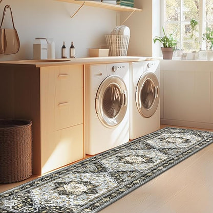 Yamaziot Washable Runner Rug, 2x8 Non-Slip Boho Vintage Hallway Rug Runner with Rubber Backing, Stain Resistant & Low Pile Distressed Carpet Runner for Bedroom, Kitchen, Laundry, Entrance, Black Gold