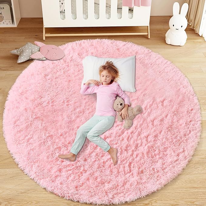 Pink Round Rugs for Bedroom: 4ft Circle Fluffy Shag Soft Washable Rug Small Fuzzy Plush Indoor Carpet for Kids Girls Boys Nursery Dorm Classroom (Pink, 4'x4')
