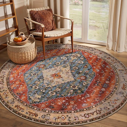 SERISSA Boho Round Area Rug, 4ft Washable Non-Slip Circle Rug, Ultra Soft Oriental Vintage Tribal Low-Pile Small Circular Carpet for Bedroom Entryway Kids Room Office College Dorm Living Room
