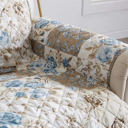 Great Bay Home Reversible Floral Patchwork Loveseat Furniture Protector - Machine Washable, Scalloped Edge, Stain Resistant, Printed Furniture Cover for Dogs, Kids, and Pets (Taupe/Blue)