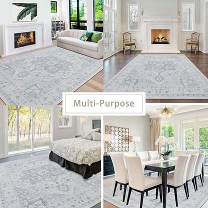 Srugn Area Rug 6x9 Washable Area Rugs for Living Room- Ultra Soft Non-Shedding Faux Wool Bedroom Rug Large Grey Vintage Print Rugs with Non Slip Rubber- Indoor Retro Foldable Carpet for Dining Room