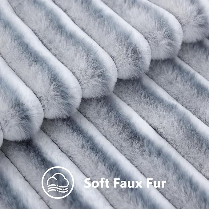 decorUhome Cozy Faux Fur Throw Pillow Covers 22x22 Set of 2 Decorative Soft Plush Striped Modern Farmhouse Boho Couch Euro Sham Pillow Cases with Velvet Back for Sofa Bed Living Roomr, Grey White