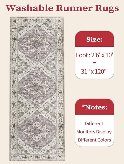 SERISSA Boho Washable Runner Rug, 2'6"x10' Long Non-Slip Vintage Earth Tone Hallway Kitchen Stair Runner Rug Ultra Soft Print Distressed Floor Carpet for Bathroom Laundry Room