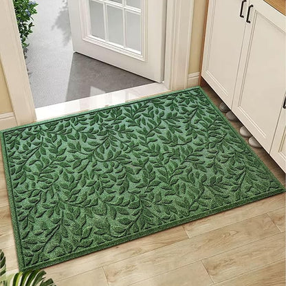 Bulijojo Sturdy Front Entrance Doormats,Durable Heavy Duty Welcome Mat,Thick Absorbent Natural Rubber Non Slip Mat,Easy Clean Entryway Mat Leaves Green, 47" x 32"