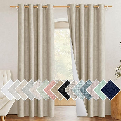 NICETOWN Taupe 100% Blackout Linen Curtains 84 inch Long Burg, Farmhouse Thick Completely Blackout Window Treatment Panels Thermal Insulated Drapes for Living Room (1 Pair, 52" Width Each Panel)