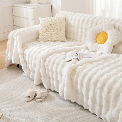 HANDONTIME White Sofa Covers Dog Couch Cover Rabbit Plush L Shaped Couch Covers Faux Fur Sofa Slipcovers for 3 Seat Cushion Couches Shaggy Couch Cover Blanket Washable Thick Soft, 71" X134"
