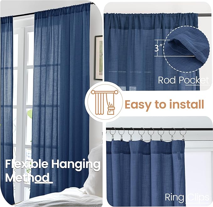 BGment Linen Navy Blue Curtains 90 Inch Length for Living Room, Semi Sheer Window Drapes Lightweight for Dining Room Bedroom Decor Light Filtering with Rod Pocket, 2 Panels Set, Each 52 Inch Wide