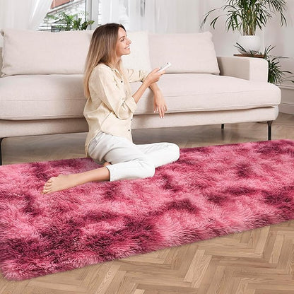 Tie-Dyed Red 2x6 Machine Washable Runner Rugs for Hallway Soft Fluffy Shaggy Bedside Rugs for Bedroom Living Room Indoor Floor Carpet for Kids Girls and Boys Nursery Rooms Home Decor Aesthetic