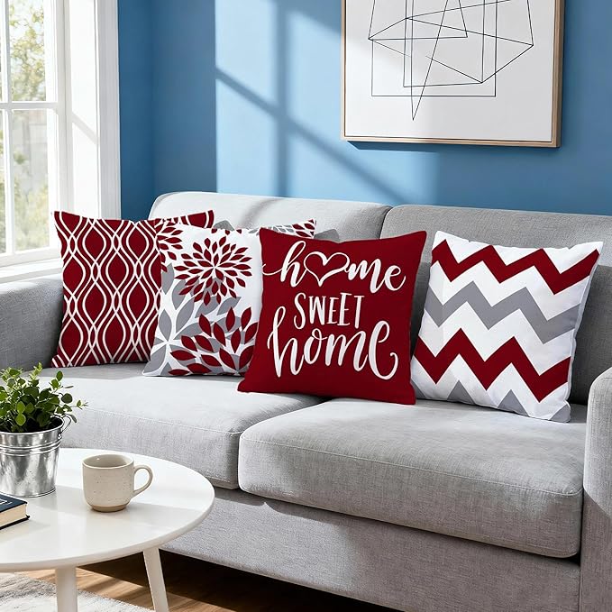 Hexagram Geometric Burgundy Pillow Covers 18x18 Set of 4, Decorative Outdoor Boho Modern Throw Pillow Covers, Home Sweet Home Farmhouse Cushion Case for Couch Sofa Bedroom Indoor Decor(No Insert)