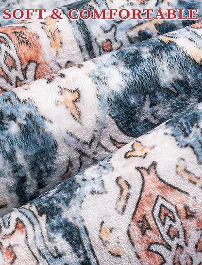 SERISSA Boho Washable Runner Rug, 2'6"x10' Long Non-Slip Vintage Blue Orange Hallway Kitchen Stair Runner Rug Ultra Soft Print Distressed Floor Carpet for Bedroom Bathroom Laundry Room
