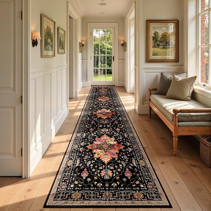 Area Rugs 2'x9' Runner Rug Non Slip Washable for Kitchen Hallway Bedroom Beside Laundry Room Bathroom Rug, Floor Carpet, Black Colorful Floral Dark Tan
