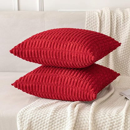 MIULEE Pack of 2 Red Corduroy Decorative Pillow Covers 12x12 Inch Soft Boho Striped Throw Pillow Covers Modern Farmhouse Home Decor for Sofa Living Room Couch Bed