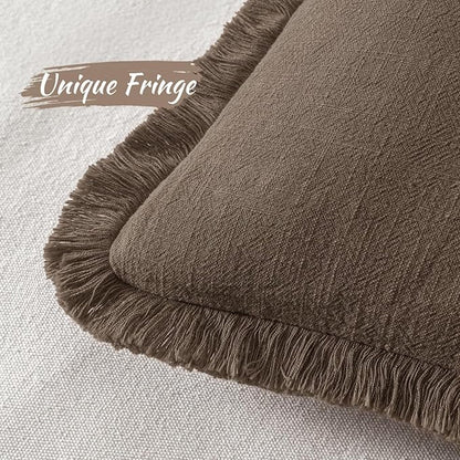MIULEE Decorative Throw Pillow Covers Neutral Linen Fringe Throw Pillows Euro Shams Set of 2 Chocolate Brown Boho Farmhouse Cushion Covers for Couch Sofa Bed Living Room Spring Home Decor 26x26 Inch
