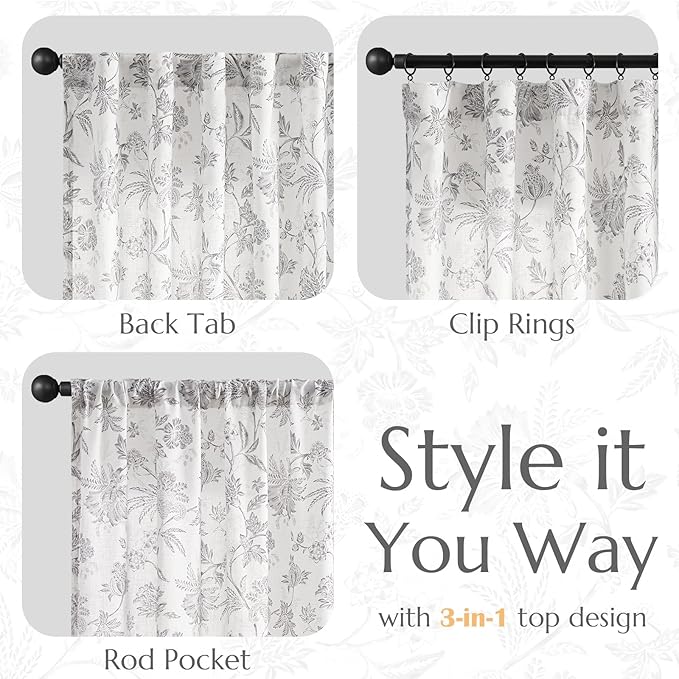 jinchan Linen Floral Curtains for Living Room, 96 Inch Length Curtains with Printed Flower Light Filtering Curtain, Rod Pocket Back Tab Gray Window Curtain Set 2 Panels Light Grey on White