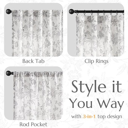 jinchan Linen Floral Curtains for Living Room, 96 Inch Length Curtains with Printed Flower Light Filtering Curtain, Rod Pocket Back Tab Gray Window Curtain Set 2 Panels Light Grey on White