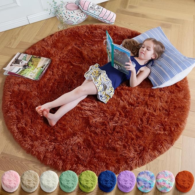 Amdrebio Terracotta Rust Circle Round Rug 4Ft for Bedroom Living Room Aesthetic, Fluffy Fuzzy Thick Shag Area Rugs for Kids Room Decor, Small Plush Furry Shaggy Carpet for Nursery Dorm Classroom