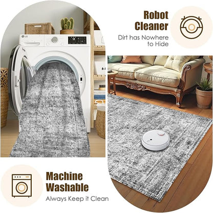 Washable Area Rug 5' x 7' Vintage Traditional Persian Mat - Foldable Distressed Non-Slip Machine Washable Carpet for Living Room Bedroom Kitchen Home Decor - Graphite and Mist