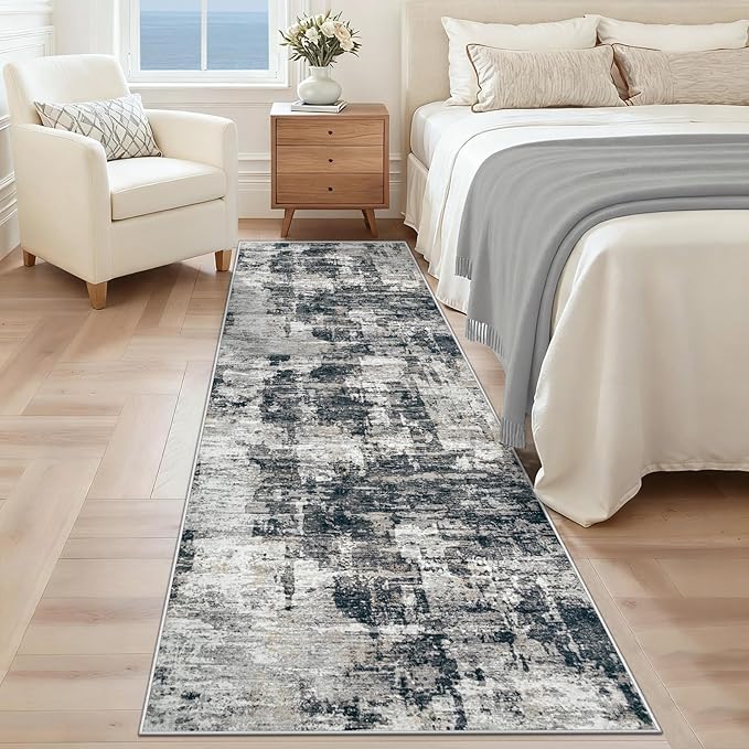 XLUEZ 2x8 Runner Rug for Hallway, Washable Modern Abstract Runner Rugs Neutral Soft Non Slip Kids Rug Stain Resistant Indoor Runners for Entryway Bedroom Kitchen Laundry Room(BlackGrey, 2'x8')