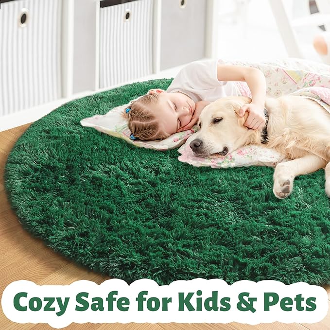 Amdrebio Dark Green Round Rug 6Ft for Living Room Bedroom, Fluffy Thick Floor Circle Area Rugs for Kids Room Decor, Furry Shag Rug for Baby Nursery, Teens Dorm, Fuzzy Plush Cool Emerald Green Carpet