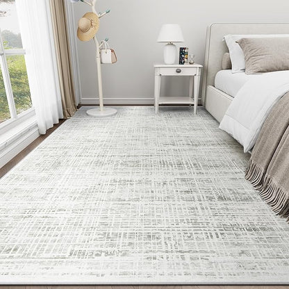10x12 Area Rugs Washable Rug: Anti-Skid Abstract Modern Living Room Rug Soft Thin Carpets Indoor Floor Non-Shedding Carpet for Bedroom Dining Farmhouse Nursery Home Office (White Gray, 10'x12')