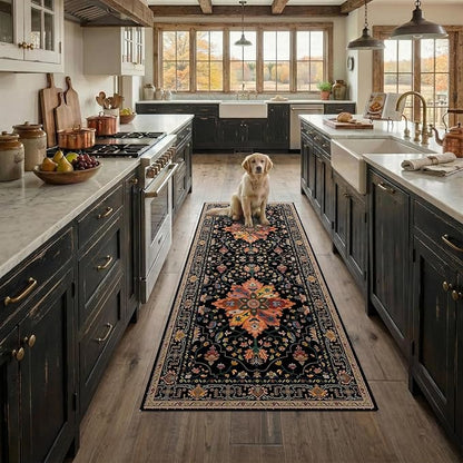 RELEANY Area Rugs 2'x6' Runner Rug Non Slip Washable for Kitchen Hallway Bedroom Beside Laundry Room Bathroom Rug, Floor Carpet, Black Colorful Floral Dark Tan