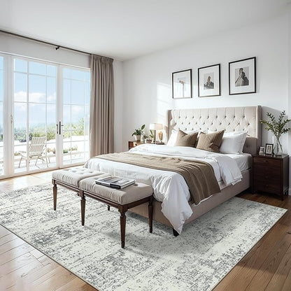 Area Rugs 9x12 Living Room - Washable Rug Modern Abstract Soft Large Neutral Non-Slip Carpet Indoor Floor Stain Resistant Thin Carpets for Bedroom Dining Room Farmhouse Nursery Home Office Grey
