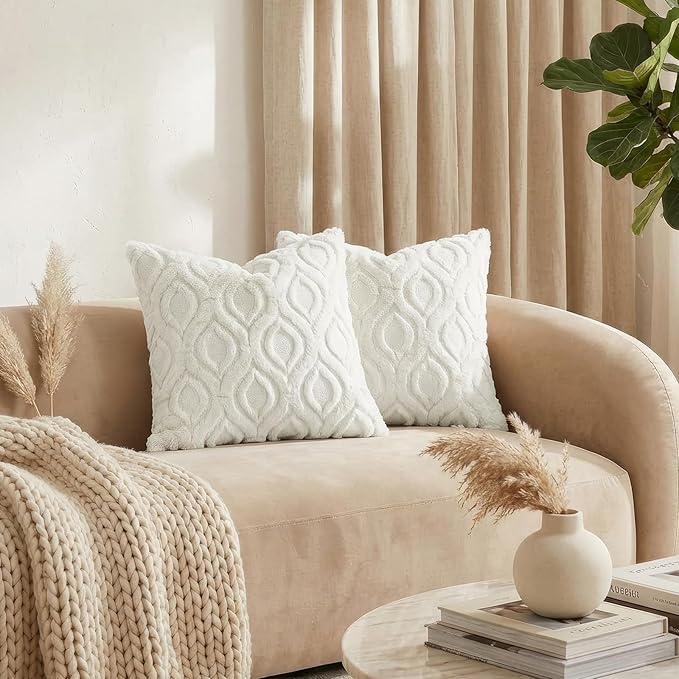 decorUhome Throw Pillow Covers 20x20 Inch Set of 2, Soft Plush Faux Wool Cream White Solid Couch Pillow Covers, Accent Farmhouse Neutral Square Pillow Cases for Sofa Bed Living Room