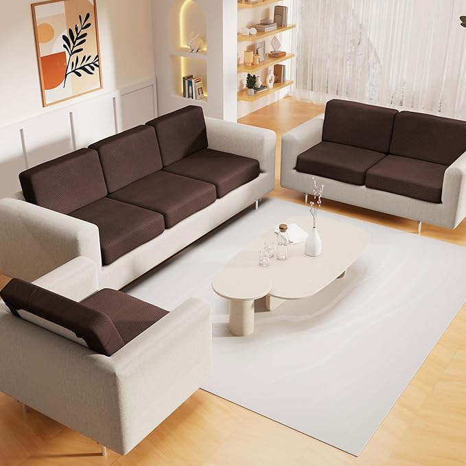 hyha Waterproof Couch Cushion Covers for Pets, Non Slip Sofa Seat Cover for Dogs Washable, Soft Thick Stretch Jacquard Fabric, Sofa Slipcovers with Elastic Bottom (1 Chaise+2 Seater, Brown)