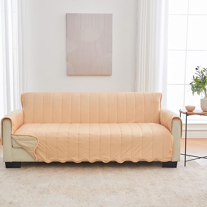 Great Bay Home Velvet Sofa Cover - Washable Slipcover Furniture Protector with Elastic Straps - Furniture Cover for Dogs, Kids, and Pets - Stitched Detail (Peach)