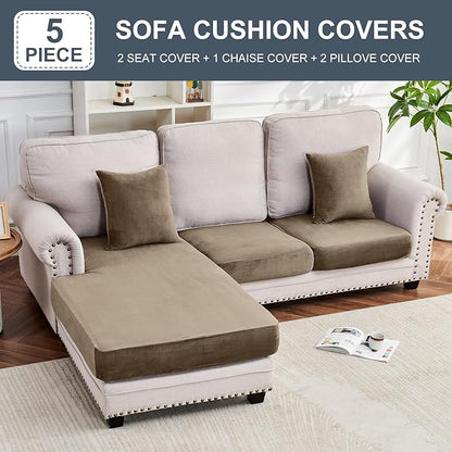 Couch Cover 3-Piece Elastic Velvet Couch Cushion Covers & Chaise Slipcovers for L-Shaped Sofas - Sofa Seat Covers Washable, Soft Cover for Couches (2 Seater + Chaise, Leather Brown)
