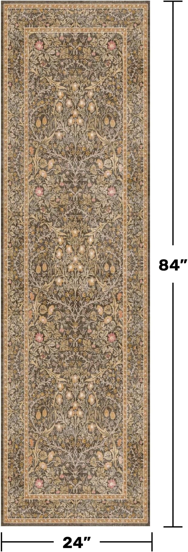 Hazo Haus Non Slip 2x7 Gold Brown Runner Rugs - Washable Long Runner for Bathroom, Kitchen, Hallway, Indoor Floor Mat, Bedroom Bedside - Brown Earthy Vintage Floral Décor