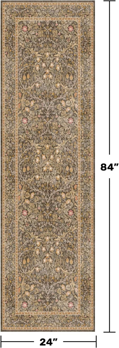 Hazo Haus Non Slip 2x7 Gold Brown Runner Rugs - Washable Long Runner for Bathroom, Kitchen, Hallway, Indoor Floor Mat, Bedroom Bedside - Brown Earthy Vintage Floral Décor